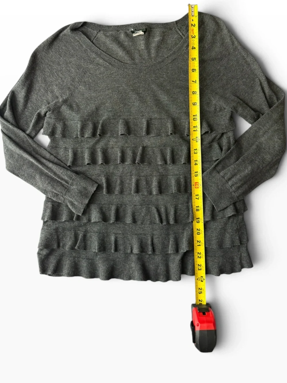 J.Crew Tiered Ruffle Sweater Charcoal Gray Pima Cotton Wool Scoop Neck, S
